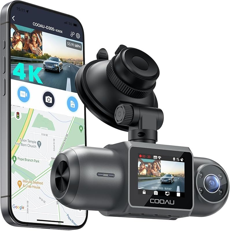 COOAU D30S 4K Dual Dash Cam with GPS, WiFi, Infrared Night Vision, Sup
