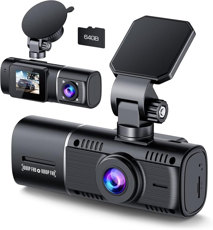 Dual Front and Inside 1080P Dash Cam with IR Night Vision, 64GB Card,