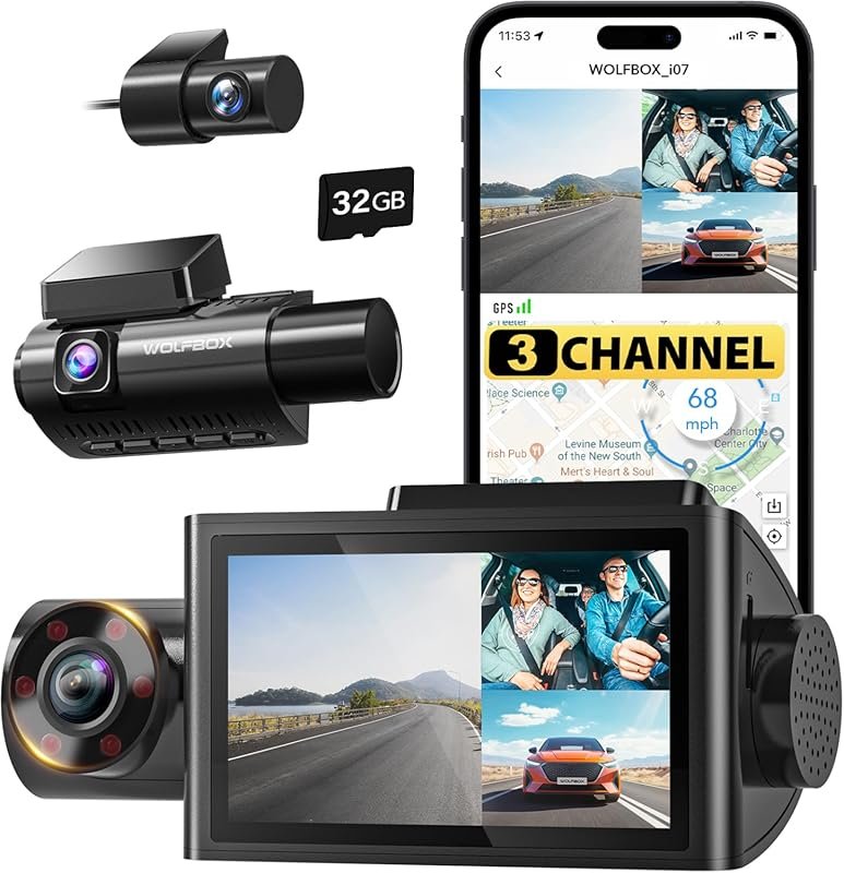 WOLFBOX i07 3-Channel 4K Dash Cam with Built-in WiFi, GPS, IR Night Vi
