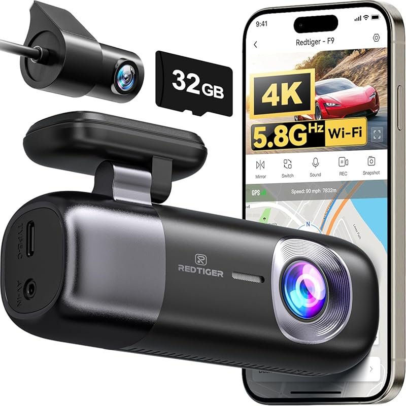REDTIGER F9 4K Front & 1080P Rear Dash Cam with WiFi, GPS, 32GB Card, 