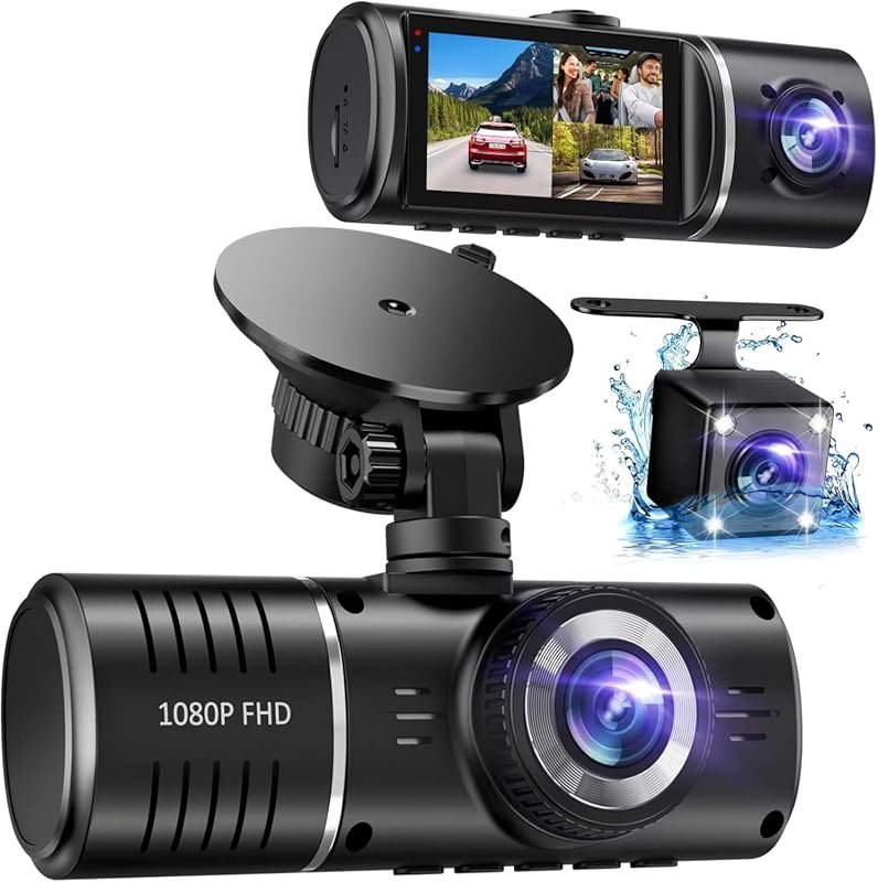 3-Channel 1080P Dash Cam for Front, Rear, Inside with Loop Recording, 