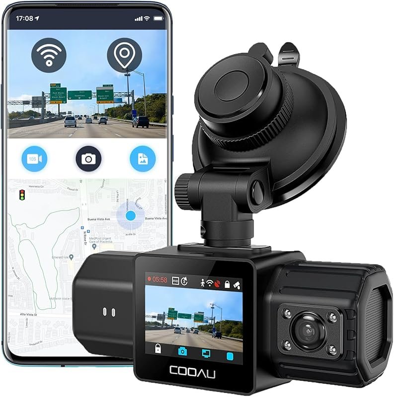 COOAU Dual Dash Cam 2.5K Front and Inside with GPS, WiFi, Night Vision