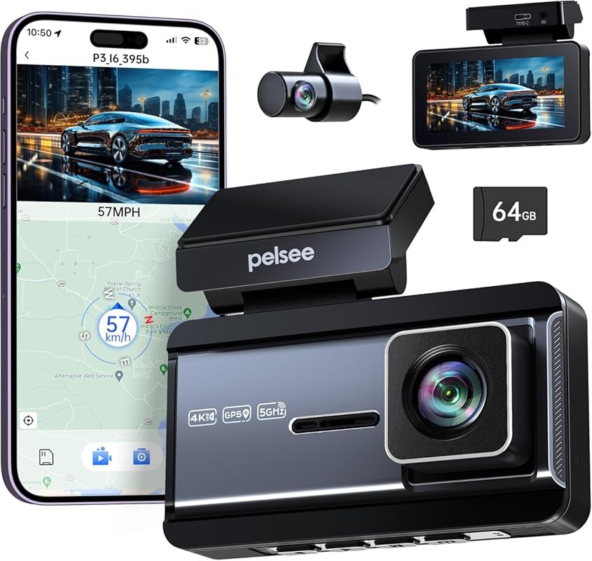 Pelsee P3 4K Front and Rear Dash Cam with 64GB Card, Wi-Fi, GPS, ADAS,