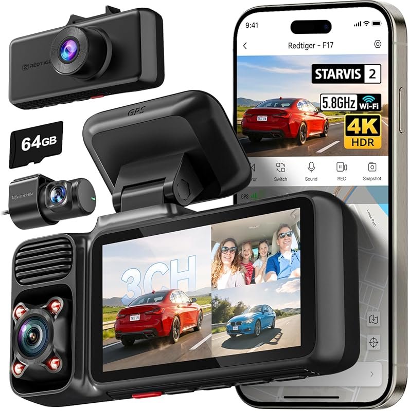 REDTIGER F17 4K 3 Channel Dash Cam with STARVIS 2 IMX675, 64GB Card, W