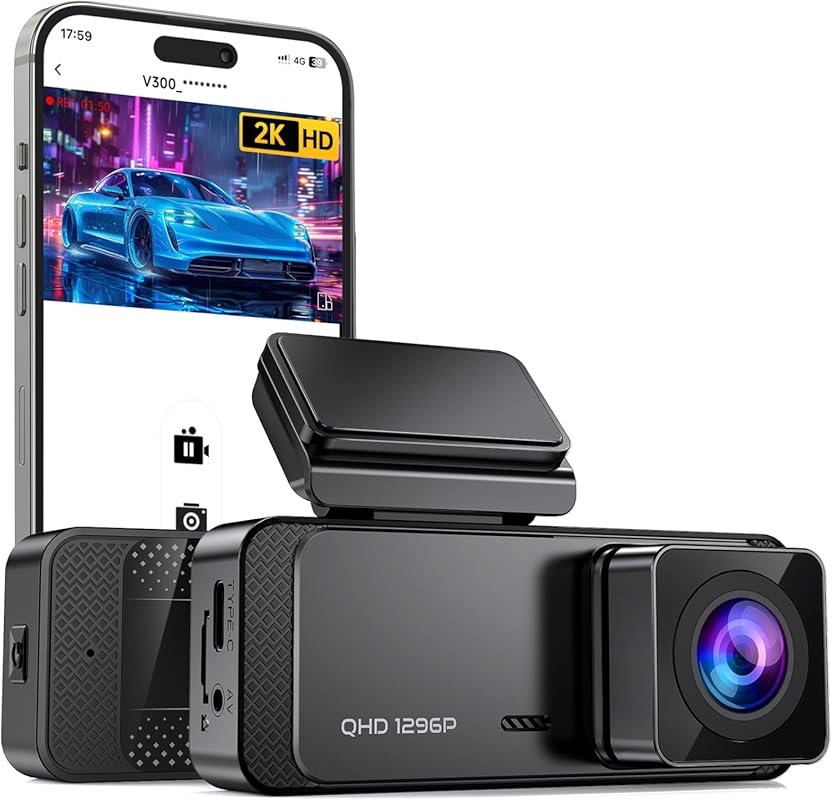 1296P Front Dash Cam V300 with WiFi, Night Vision, Loop Recording, 24H