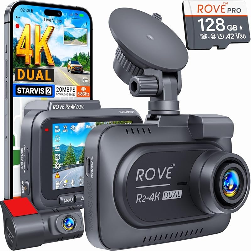 ROVE R2-4K Dual Dash Cam with STARVIS 2 Sensor, 128GB Card, 5G WiFi, 3