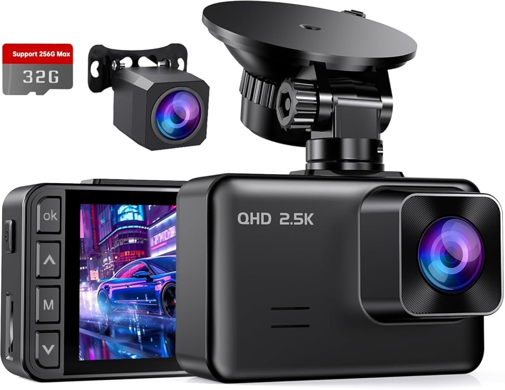 Dual Dash Cam Front and Rear 2.5K+1080P with Night Vision, G-Sensor, 2