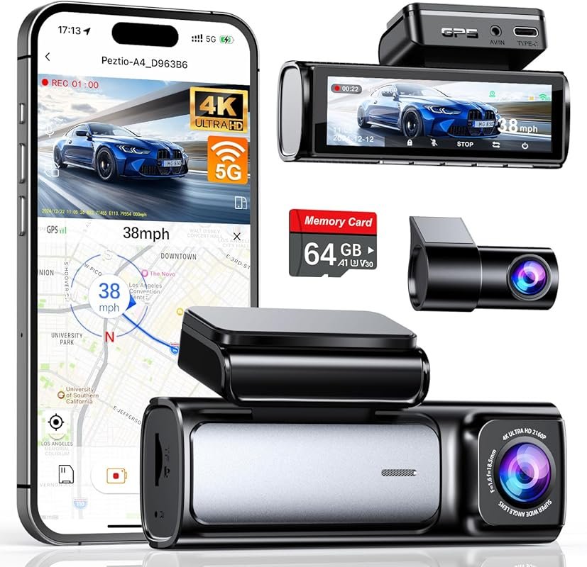 Affver 4K Dual Dash Cam with Built-in 5G WiFi GPS, 64GB Card, 3.59” IP