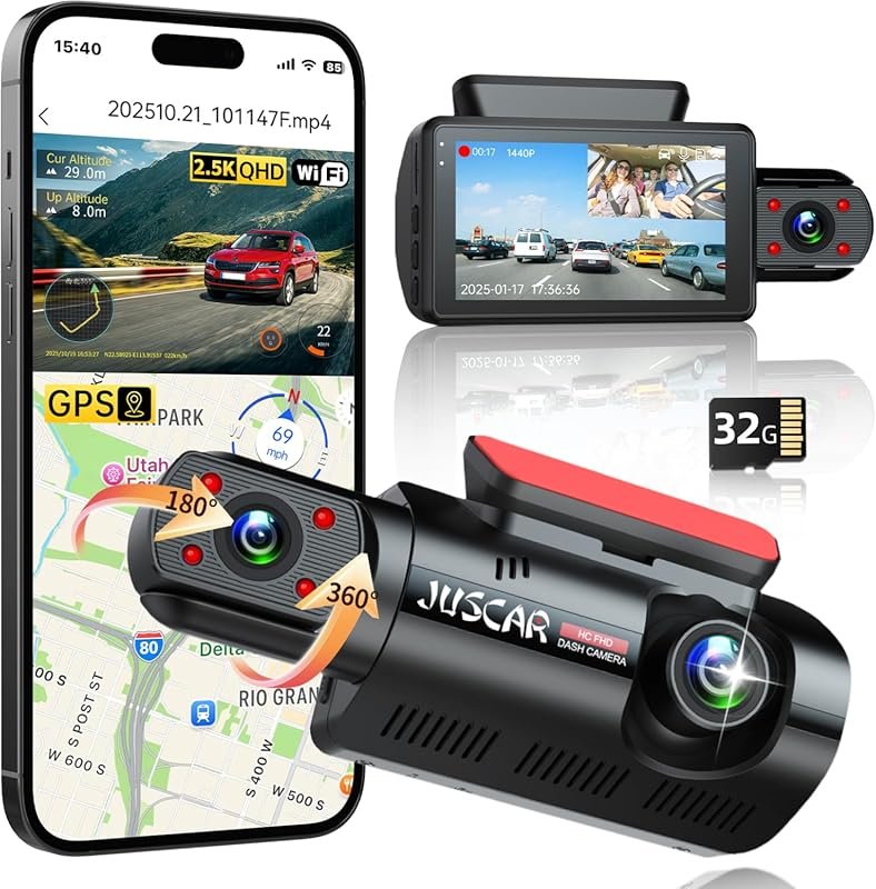 2.5K Front and 1080P Inside Dual Dash Cam with WiFi, GPS, IR Night Vis