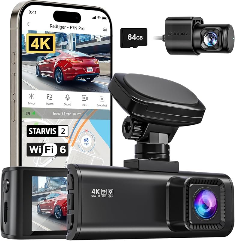 REDTIGER 4K Dual Dash Cam with STARVIS 2, GPS, WiFi, 64GB Card & Parki