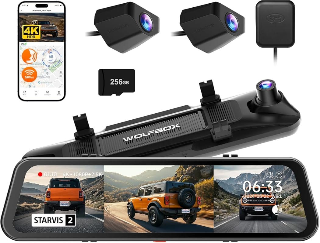 WOLFBOX G900 Tripro 3 Channel 4K Mirror Dash Cam with STARVIS IMX678, 