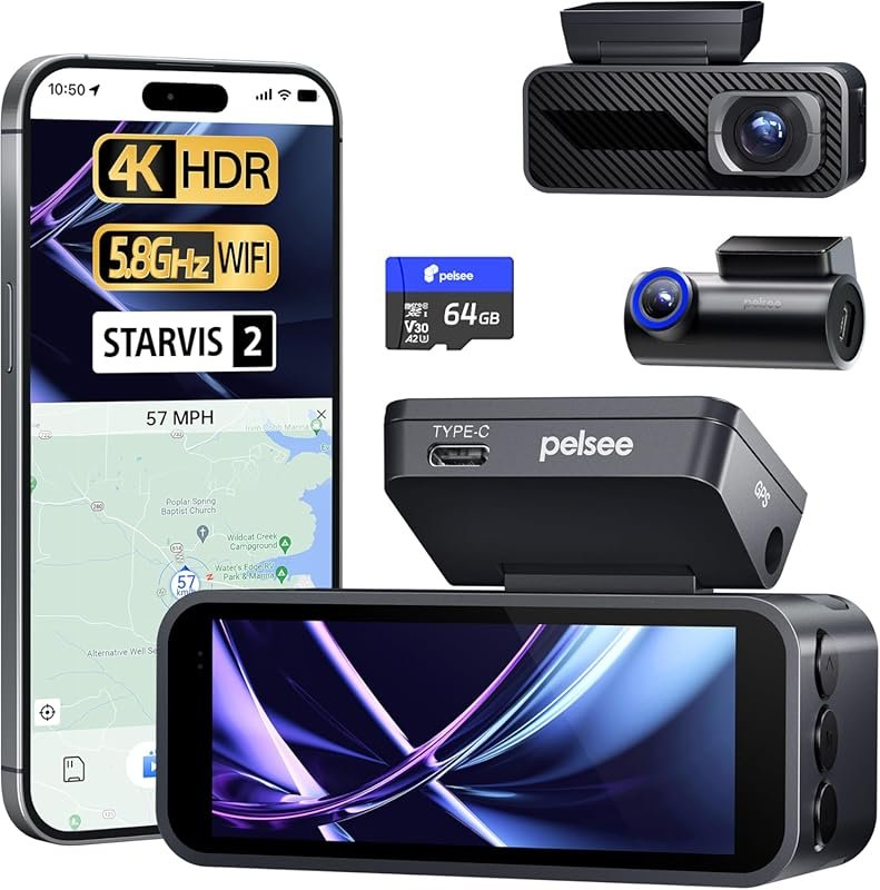 Pelsee P1 Pro 4K Front and Rear Dash Cam with STARVIS 2, Full-Color Ni