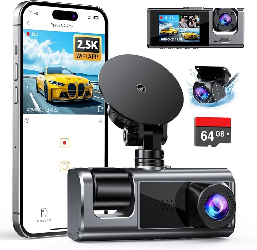 Galphi 3 Channel WiFi Dash Cam with 2.5K+1080P+1080P, 64GB SD Card, G-