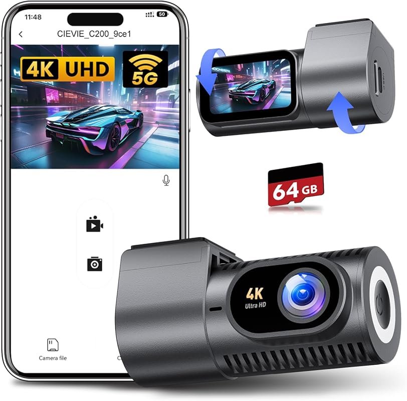 4K Front Dash Cam with 1.5" IPS Display, 5G WiFi, 64GB Card, 360° Rota