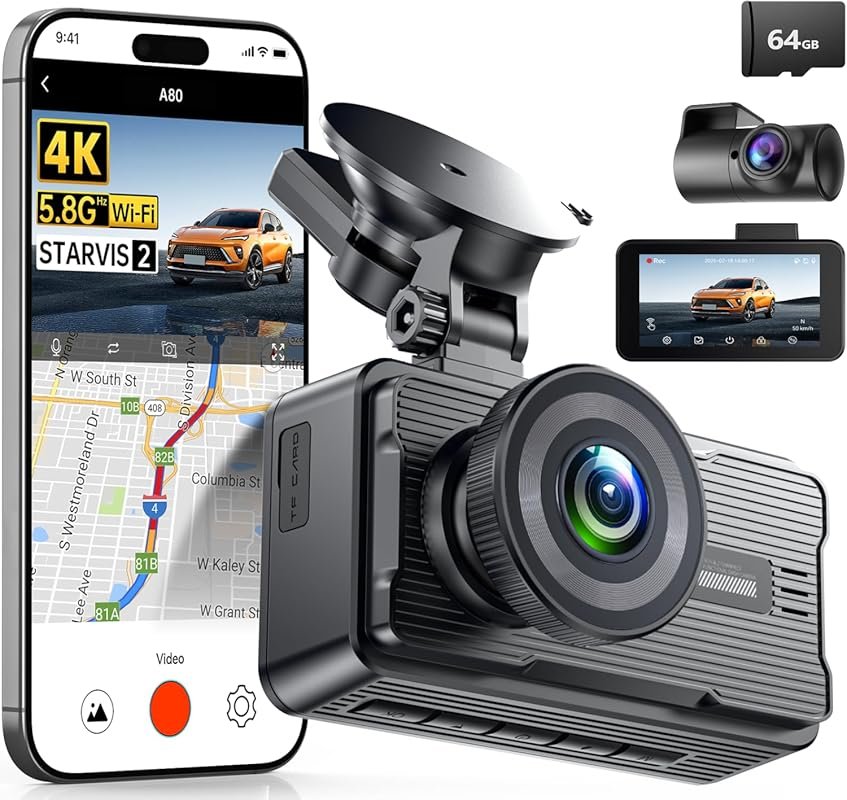 JOMISE 4K Front and Rear Dash Cam with 5GHz WiFi, GPS, Night Vision, 3