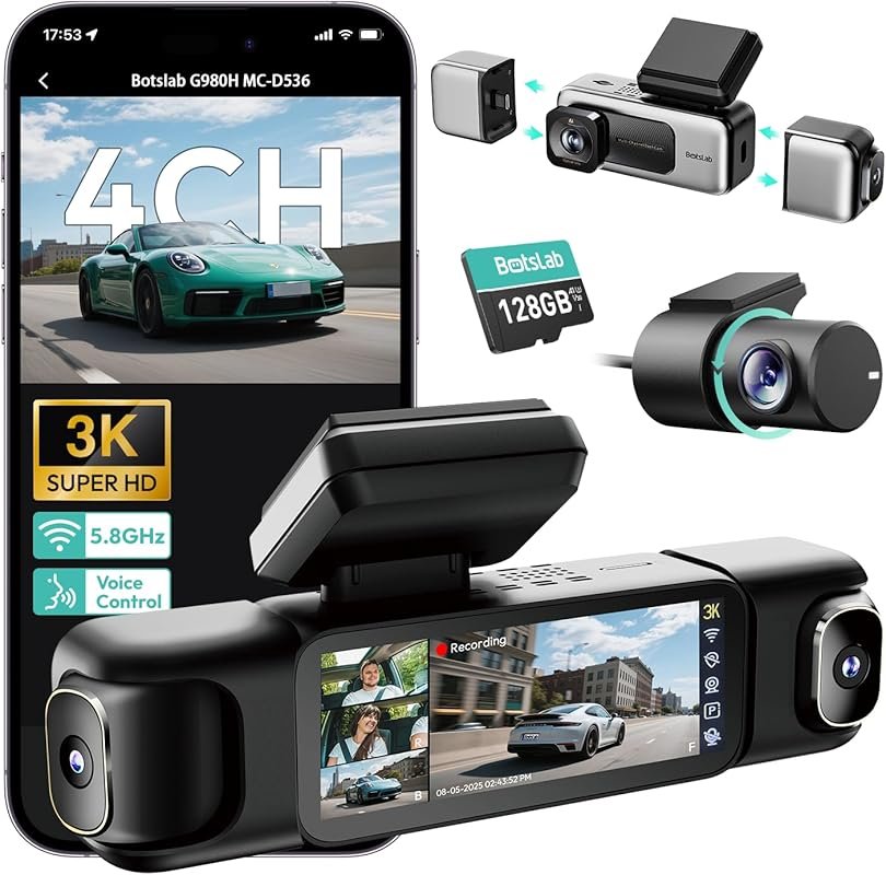 BOTSLAB 3K 4-Channel Dash Cam with 560° View, Front Rear Inside Camera