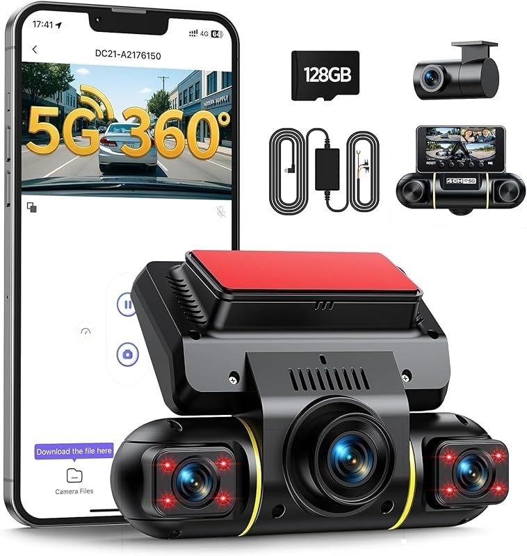 LAMTTO 360° 4 Channel Dash Cam with Front, Rear, Inside, 5G WiFi, 8 IR
