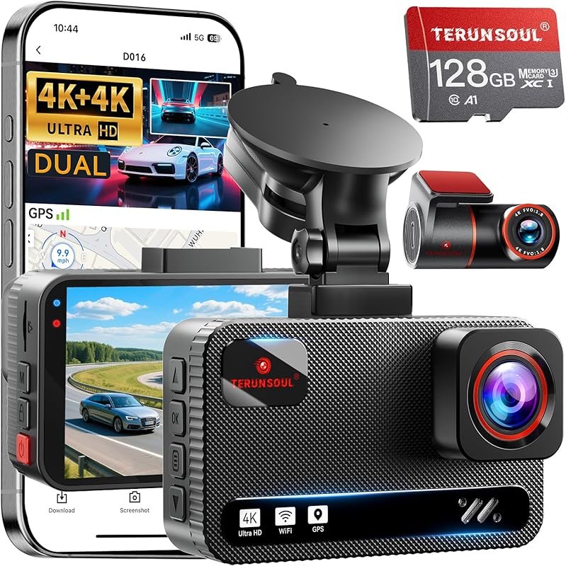 4K+4K Front and Rear Dash Cam with Built-in GPS, 170° Wide Angle, 3