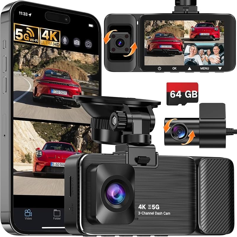 WECOOL 4K UHD 3 Channel Dash Cam Front, Rear, Inside with 360° Wide-An