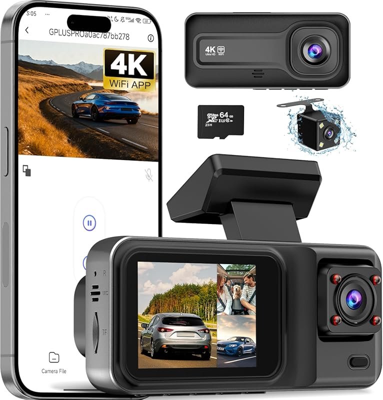 3 Channel 4K Dash Cam with 5GHz WiFi, APP Control, 64GB Card, Night Vi