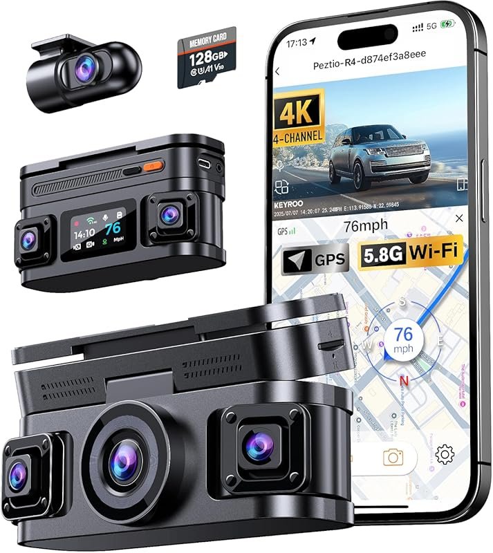 360° 4K 4 Channel Dash Cam with Front, Rear, Left, Right Views, GPS, 5