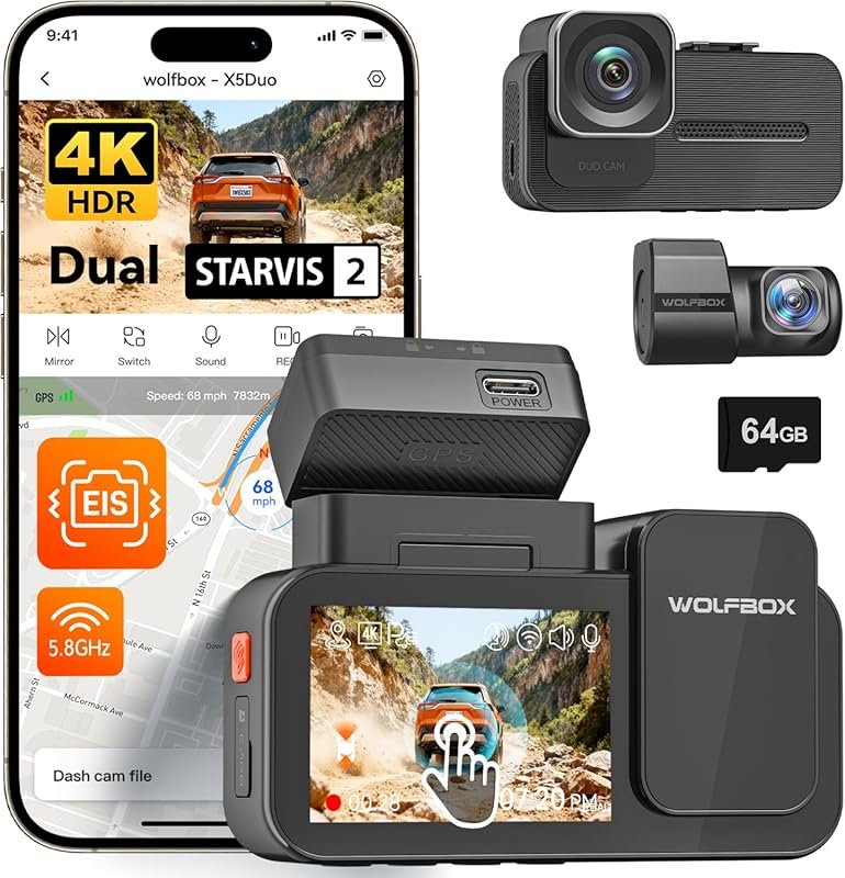 WOLFBOX X5 Duo 4K+2.5K Dual Dash Cam with STARVIS 2 Sensors, Anti-Shak