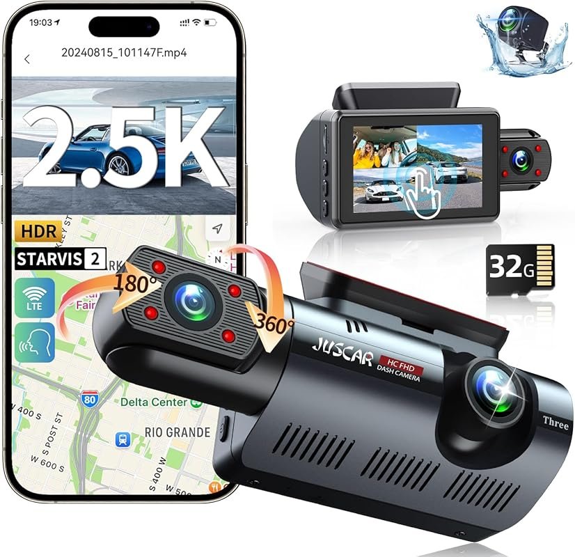 3 Channel 4K/2.5K+1080P Dash Cam with WiFi, GPS, Voice Control, 3