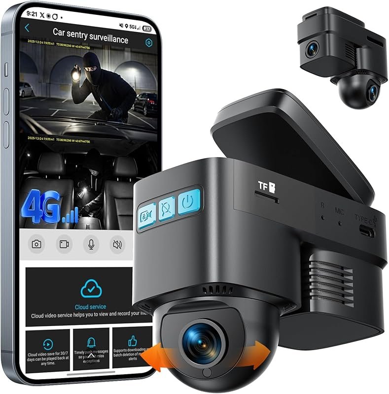 Volam 4G LTE Dual Dash Cam with Live Streaming, GPS, AI Motion Detecti