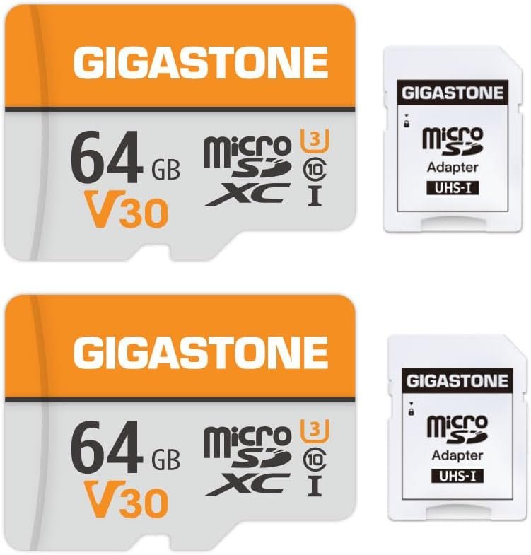 GIGASTONE 64GB 2-Pack microSDXC Cards with Adapter, V30, 4K Recording,